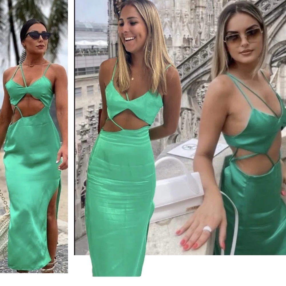 Zara green satin effect asymmetrical cut-out strappy crisscross slit midi dress - Picture 6 of 12
